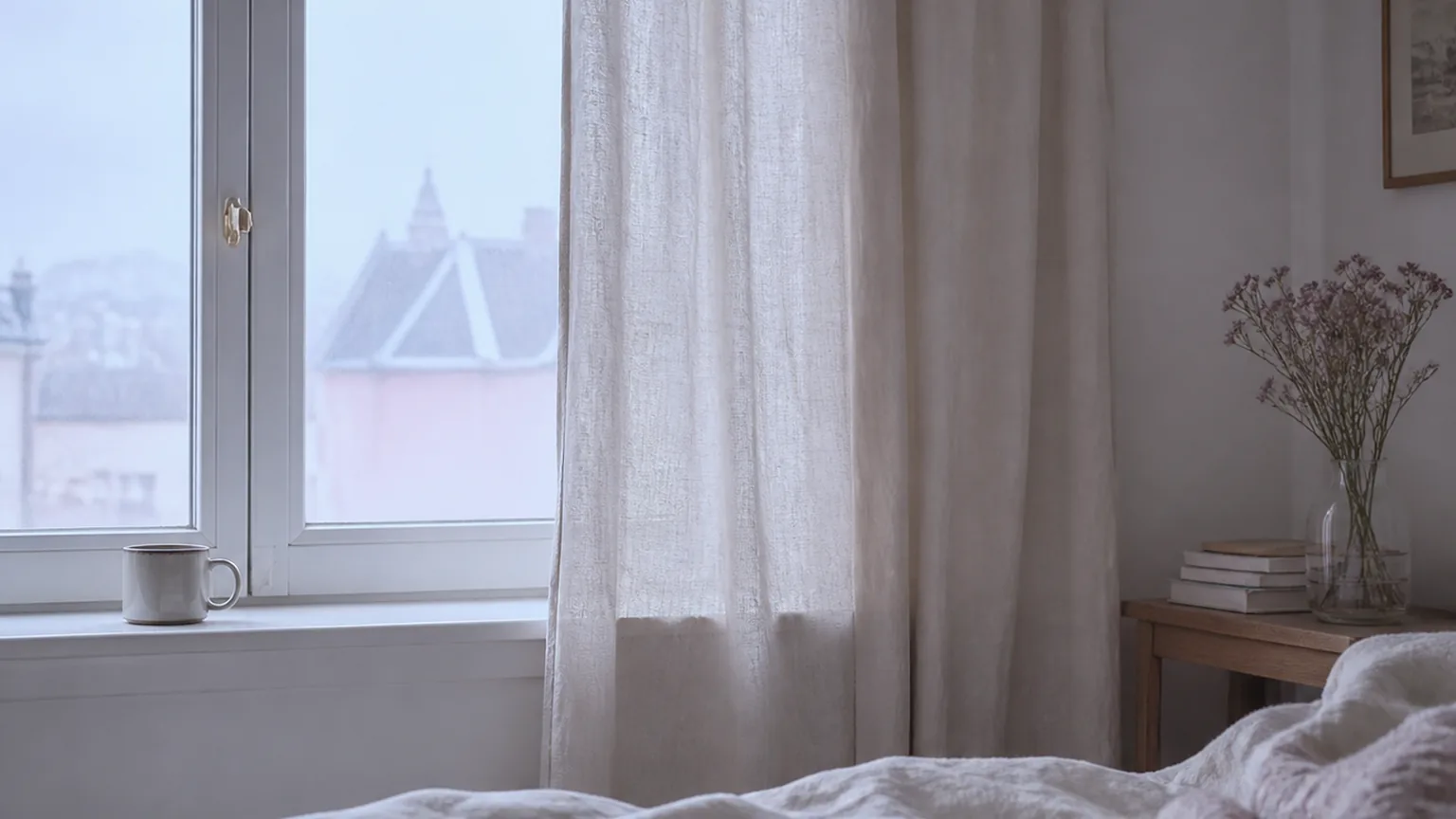 Une fenêtre du cabinet au petit matin, la lumière encore basse sur le rebord.