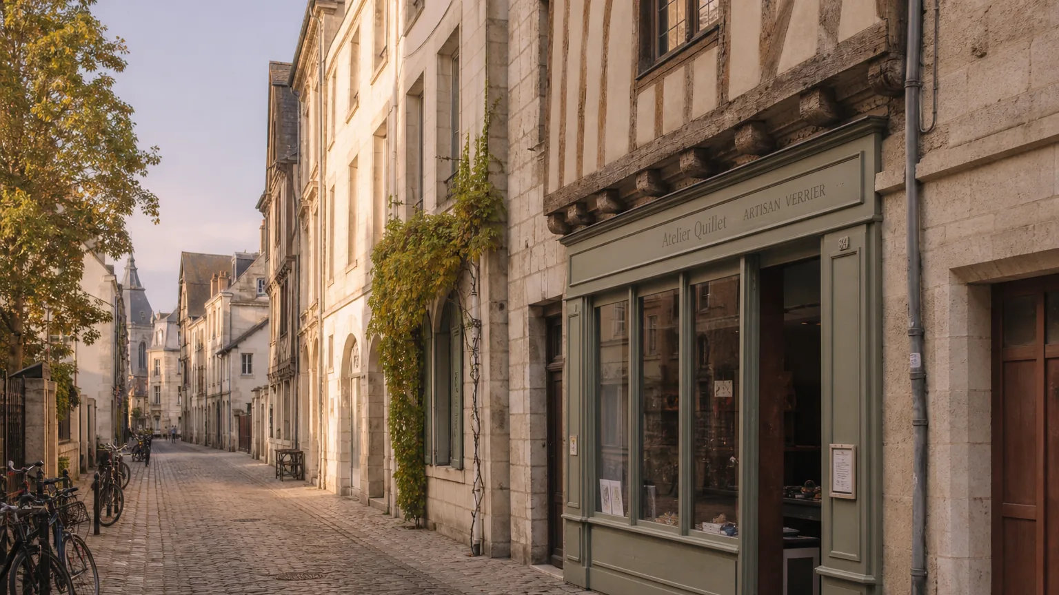 La rue Colbert à Tours, ses façades anciennes et ses pavés, un matin calme.